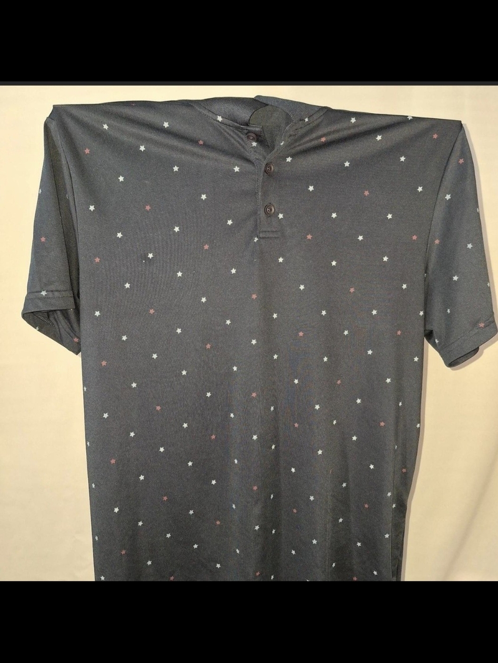 Old Navy Men's Charcoal Henley Polo with Red and Light Gray Star Print